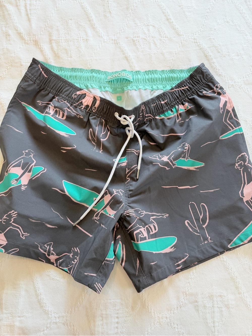 Bonobos Gray Swim Trunks with Mint & Pink Surf Print